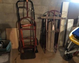 Vintage sleds, hand trucks