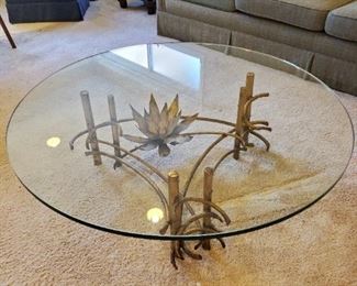 Exquisite Silas Seandel MCM Brutalist brass & 3/4" 48" glass top Lotus Cocktail table.