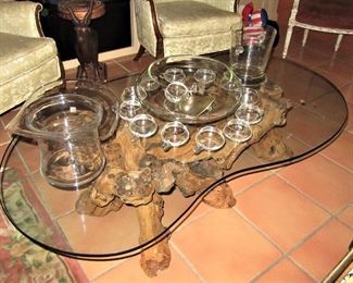 Hydro coffee table with punch bowl, blenko and bucket