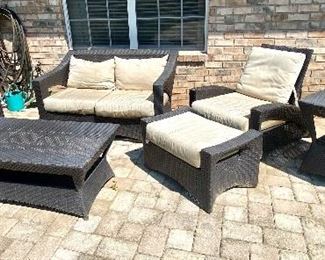3-	Outdoor all weather wicker set with Sunbrella fabric, loveseat 53”L , coffee table 4’ L, 2 adjustable chairs with one ottoman, one side table 			$395