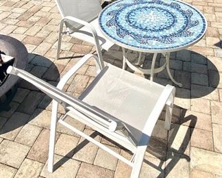 11-	Bistro set – mosaic tile table with two chairs 28”R			$125