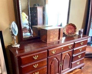 42-	Cherry dresser & Mirror  handcrafted by Sumter Cabinetfrom London KY 20”D x 70”L x 34”H, w/mirror 77”H		$475