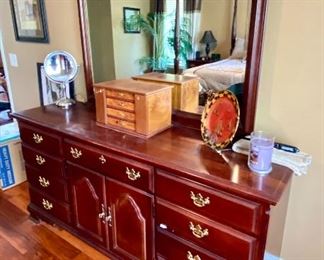 42-	Cherry dresser & Mirror from handcrafted by Sumter Cabinet London KY 20”D x 70”L x 34”H, w/mirror 77”H		$475