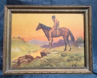 Vintage 1930's Native Indian American Brave on horse print on paper in frame