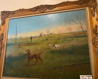 Custom Ordered large Oil on canvas hunting scene with Irish Setter and pointer dogs 