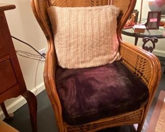 MUST SEE 1 of 2 available vintage  woven rattan wing back chairs 