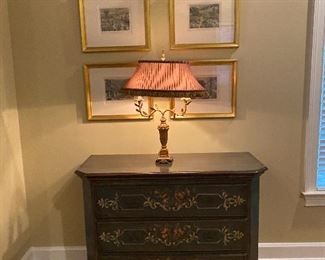 Antique framed lithographs of Paris, unique lamp and painted chest of drawers