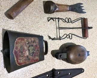 VARIOUS ANTIQUE TOOLS AND COWBELL