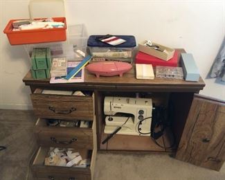 Sewing Machine, Supplies, and Table