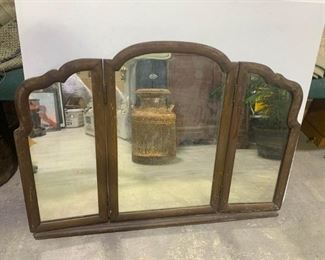 Antique Wood Frame Vanity Tri-fold Mirror
Open 3’ x 25” tall
Middle section 40”
Sides 10” each