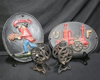 Vintage Cast Iron Fireman Plaques & Candle Sticks
- Vintage Cast Iron Fireman's United Fireman's Insurance Plaque 11" x 9"
- Replica Firemark Firefighter 11" x 9" Fire Themed
- 2 Cast Iron Grinder Wheel Candle Sticks 6" tall