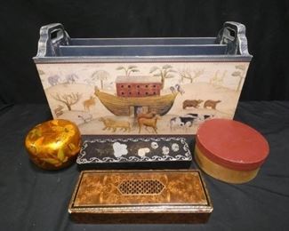 Large Wooden Tote Box & More
- Large Blue Painted Handled Box with Noah's Ark Scene 20.5" x 9" x 12" tall
- Cheese Box 6.5" diameter
- Golden Amber Covered Bowl 5" round x 4: tall
- Painted Black Box with Silver Design 10.75 x 3.5" x 1.5"
- Leather Covered Cigarette Box - Lucky Strike, Chesterfields, Camels, & Old Golds 10" x 3.5" x 1.75" tall