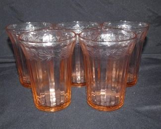 5 Pink Cherry Blossom Jeanette Depression Glass  Juice Glasses 
