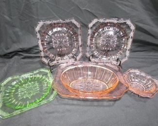 Adam Pattern Depression Glass
Description	
Unless otherwise noted below, all pieces are in good used condition. No Chips, Cracks or Scratches.
-2 Pink Adam Pattern Plates 7 3/4" X 7 3/4"
-Uranium Green Adam Plate 7 3/4" X 7 3/4"
-Pink Vegetable Bowl 10" X 7.5"
-Pink Berry Bowl 5.5"