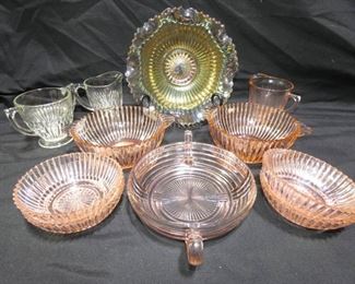 Manhattan, Anniversary, Queen Mary, Petalware
Description	
Unless otherwise noted below, all pieces are in good used condition. No Chips, Cracks or Scratches.
-Manhatten Handled Candy Dish 6" Anchor Hocking 1940
-Iridescent Depression Glass bowl with Fluted Edge 7.5" x 3"
-2 Queen Mary Bowls with handles 5.5" X 2.5"
-4 Queen Mary Bowls 4.5" X 1 1/4"
-Anniversary Creamer and Sugar Bowl 3.5"
-Pink Petalware Creamer 3.5" by Macbeth-Evans Glass Co