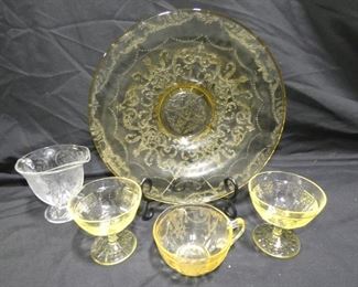 Princess, Madrid, Royal Lace, Cameo Depression Gla
Description	
Unless otherwise noted below, all pieces are in good used condition. No Chips, Cracks or Scratches.
Depression Glass
-2 Yellow Princess Sherbet Bowls Hocking 1931-1934 3.5" X 3.5"
-Amber Madrid Federal Glass Co 1932-1939 11" X 2" tall Console Bowl
-Royal Lace Clear Hazel Atlas Glass Creamer 1934-1941 4"
-Cameo Yellow Teacup Hocking 1931-1934 3 3/4" X 2" tall