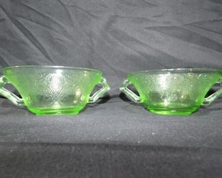 Green Uranium Glass  Florentine No. 2 Poppy Pattern 1932 - 1935 2 Soup Cups 4.75" Diameter
