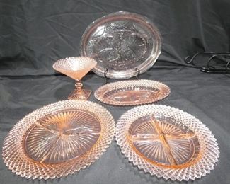 Pink Miss American Depression Glass by Hocking
Miss American by Hocking 1935 - 1938
- Round Divided Dish 9" Diameter (2 Chips in Rim)
- Pedestal Candy Dish 5.5" diameter x 5" tall
- Oval Relish Dish 10.5" x 7"
- Round Grill Plate 10" diameter
- Hazel Atlas Royal Lace Platter 1934 - 1941 (Has chip on Rim) 13" x 9"
