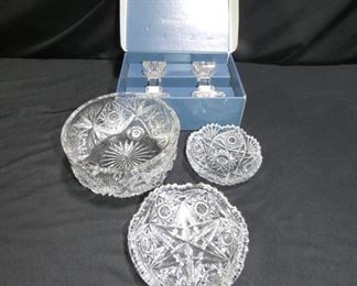Villeroy & Boch Lead Crystal and More Crystal
- Villeroy & Boch Lead Crystal Candle holders 4" Tall
- Footed Crystal Bowl 7" x 4"
- 2 Cut Crystal Candy Dishes 5" and 6" *Rim Chip on Crystal Bowl