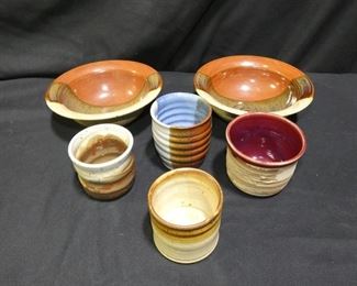 Pottery Bowls and Cups
- 2 Farley Marked Bowls 6.5"
- 4 Cups
- Marked PM-MD12 2.75"
- Marked PM-MD 18 2.75"
- 2 Unmarked 3.25" and 2.5"