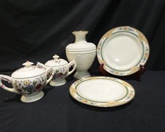 Assorted Lennox, Dresdner and Vernon Kilns Porcelain
- Lennox Vase Athenian Collection 8"
- 2 Vernon Kilns of California May Flower Collection Sugar Dishes 6" x 5"
- 2 8" Plates
- Dresdner Art China
- Cottswold Bavaria Schumann