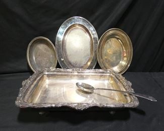 Silver Plated Assortment
- Footed Casserole Dish 19" x 12 3/4" x 5" Tall
*1 Broken Foot
- Large Serving Spoon
- Covered Dish with Top can also serve as Plate 11 1/4 x 9" EPNS Hallmark 28
- Platter 14" x 10"