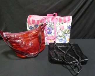 Assorted Handbags
- Red Leather Shoulder Strap Bag 8.5" x 13"
- Lined Estee Lauder Floral Tote 14" X 19"
- Black Sequined Evening Bag 10" x 11.5"