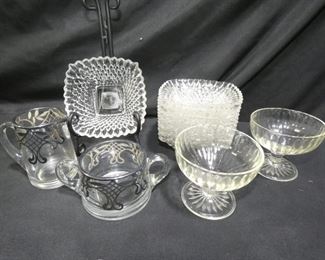 Heisey Glass, EAPG Diamond Depression Glass
- Heisey Silver Embellished Cream 3.5" tall & Sugar Dish 5" x 2" tall
- 8 EAPG Vintage Diamond Pattern Square Sawtooth Bowls (1 has a tiny chip in rim) 4.5" x 4.5"
- 2 Vintage Sherbet Dishes