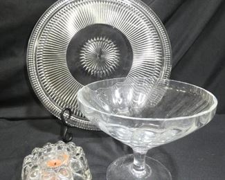 Lenox Crystal Candy Dish & Depression Glass
- Lenox Crystal Candy Dish 7" x 5.5" tall (signed Lenox)
- Anniversary footed Cake Plate by Jeanette Glass Co. 12.5" diameter
- Candle Holder