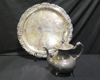 Large Silver Plate Tray & Ascot Silver Tea Pot
- Scheffield "Ascot" Silver Tea Pot - Reproduction by Community
- Sheridan Tautan Silver Smith Ltd. Silver Plate 20" Round Tray with Grape Design