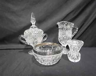 American Brilliant Cut Crystal & More
- American Brilliant Crystal Cream 5.25" tall& Sugar 8" tall with Open Rose Pattern
- Toothpick Holder American Brilliant Crystal
- Silver Rim Candy Dish