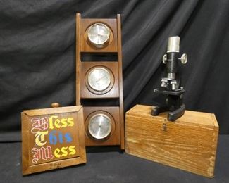 Vintage Accura Microscope, Barometer & Key Box
- Vintage Accura Microscope 8" tall in Dovetail Wood Box 8" x 4" x 5"
- Barometer, Thermometer & Hygrometer 5.5" x 17" Tall
- Wooden Box to Hide Keys 5.5" x 5.5"