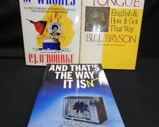 3 Political Books
- Parliament of Whores Hardcover by PJ O'Rourke
- The Mother Tongue Hardcover by Bill Bryson
- And That's the Way it Isn't - Soft Cover