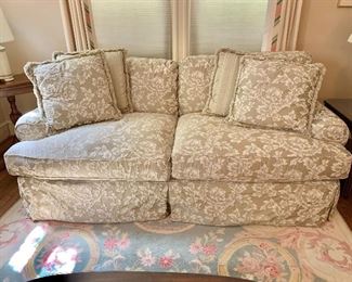 $450 - Domain, damask sofa with feather and foam filled cushions; 37" H x 86" W x 42" D, seat height is approximately 20"
