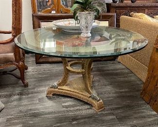 Maitland Smith Dining table with beveled glass top $300
( thick two inch glass) 48” round please note two chips in glass can also swap for larger or smaller top 
