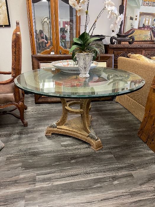 Maitland Smith Dining table with beveled glass top $300
( thick two inch glass) 48” round please note two chips in glass can also swap for larger or smaller top 
