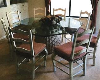 Hexagon beveled glass top and stone pineapple base. Extremely heavy $250