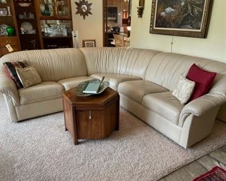 Vintage three-piece leather sectional sofa from Dayton’s and a Lane hexagon shaped accent table
