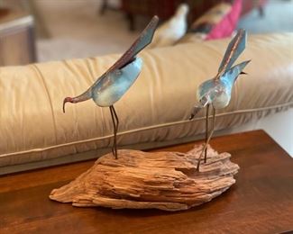 Mid Century Modern shorebirds enameled copper sculpture by Harold Kerr, marked