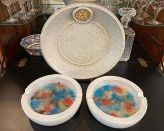 Pair of Incredible Vintage Bitossi Italy for Raymor glaze ceramic ashtrays with glass mosaic and Bitossi glaze ceramic plate