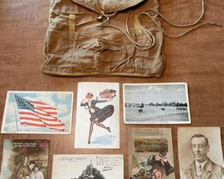 WWI letter gunny sack with WWI correspondence postcards