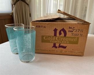 Complete set of 12 Federal Glass Co. Gold Crowned Tumblers with turquoise and gold rim detail.  Never Used, box was opened to verify contents!