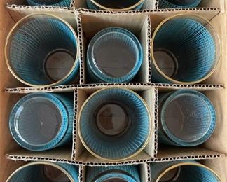 Complete set of 12 Federal Glass Co. Gold Crowned Tumblers with turquoise and gold rim detail.  Never Used, box was opened to verify contents!