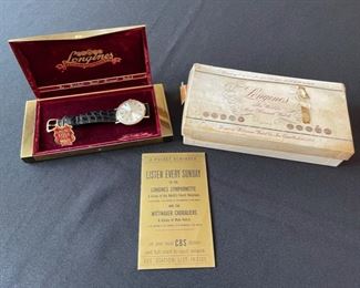 Men’s 1960’s Longines 5-Star Admiral wrist watch with a 14kt gold bezel.  Comes with original Longines watch strap, gold colored case, pamphlet and box.  In working condition!
