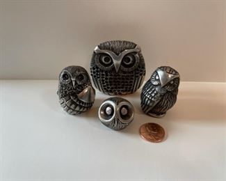 Four vintage pewter owls marked “Clarence” 