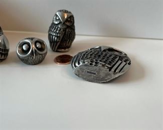 Four vintage pewter owls marked “Clarence” 