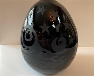 Vintage sandblasted black glass vase