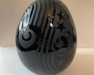 Vintage sandblasted black glass vase