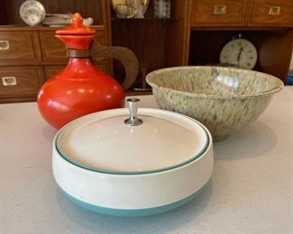 Fun MCM orange Bauer 9” coffee carafe, Vacron Bopp-Decker covered dish and Texas Ware bowl