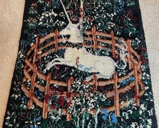 Vintage Shillcraft Unicorn in Fence latch hook rug, 74” x 45”